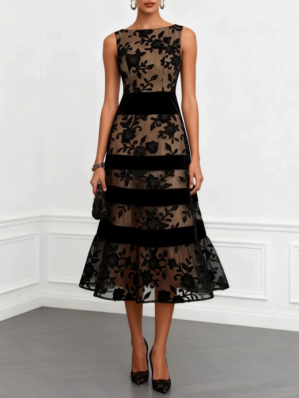 ZARA Black Mesh Flocked Jacquard Patchwork Bodycon Evening Dress